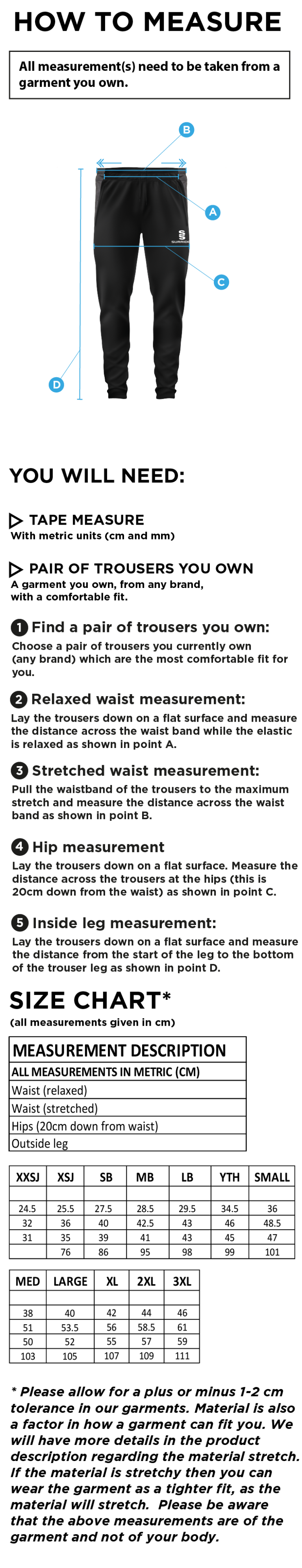 Dundrum Cricket Club - Tek Slim Pants - Size Guide