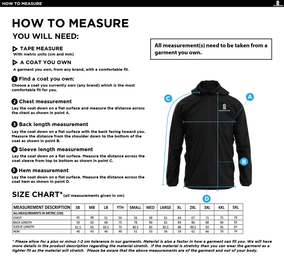 Dundrum Cricket Club - Training Jacket - Size Guide