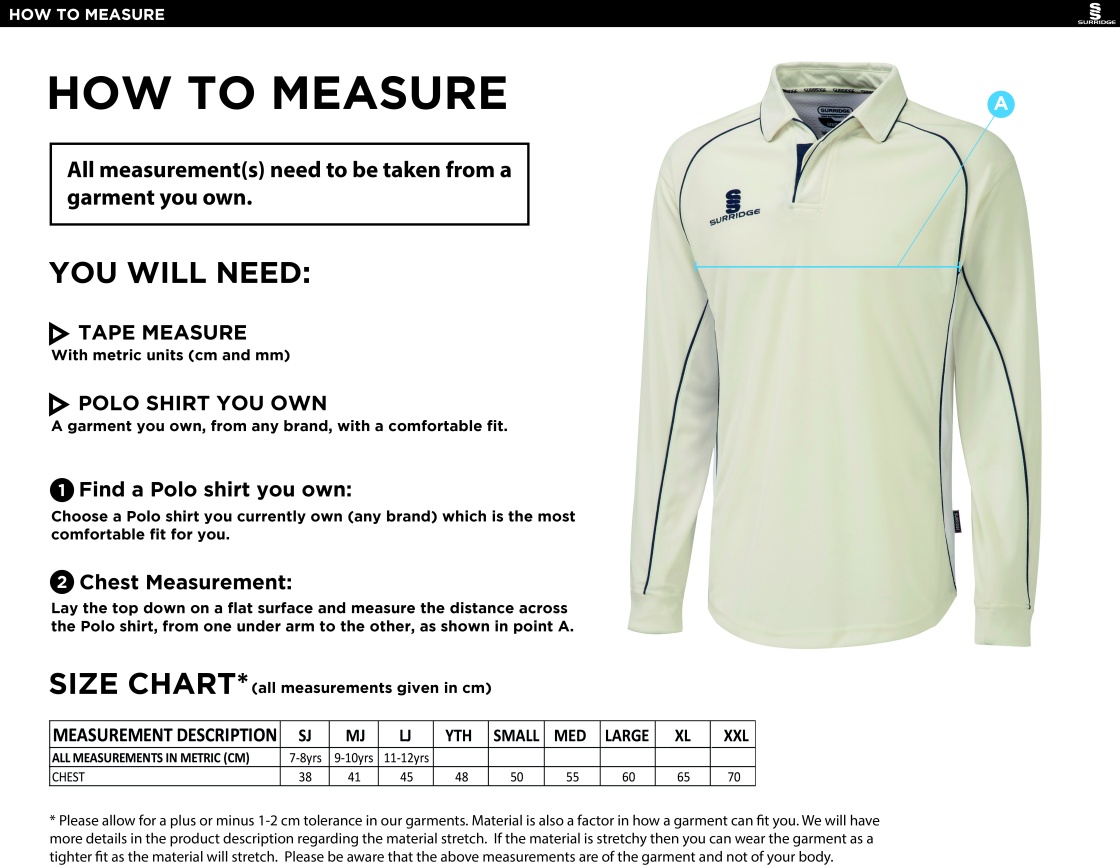 Dundrum Cricket Club - Long Sleeve Shirt - Size Guide