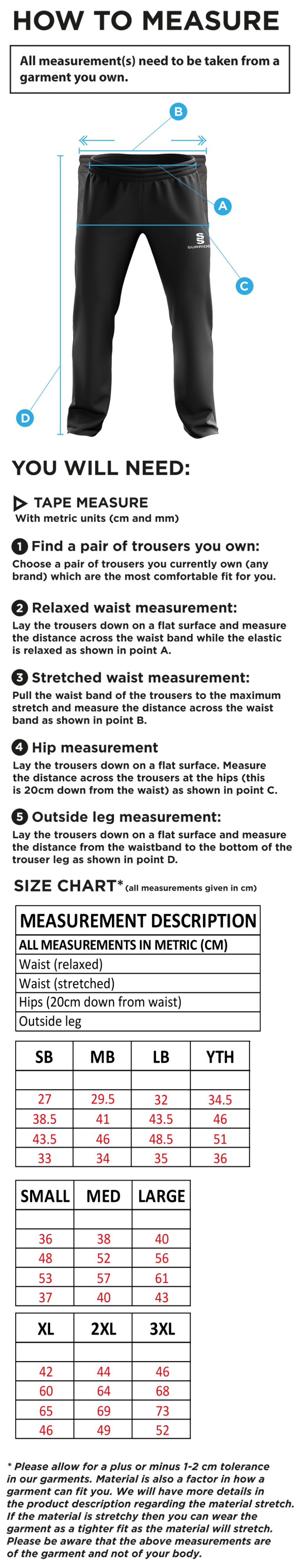 Dundrum Cricket Club - Ripstop Track Pant - Size Guide