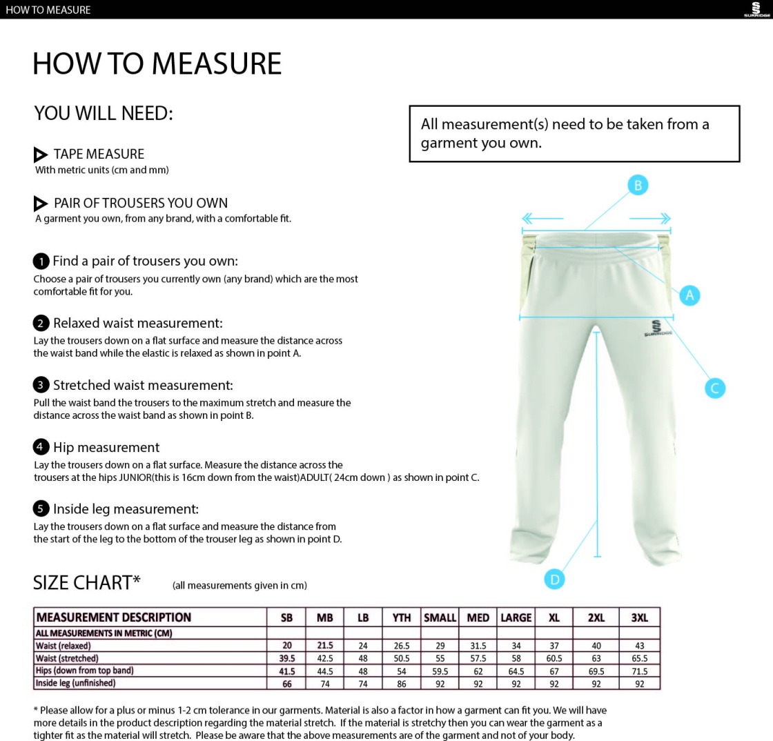 Dundrum Cricket Club - Standard Playing Pant - Size Guide