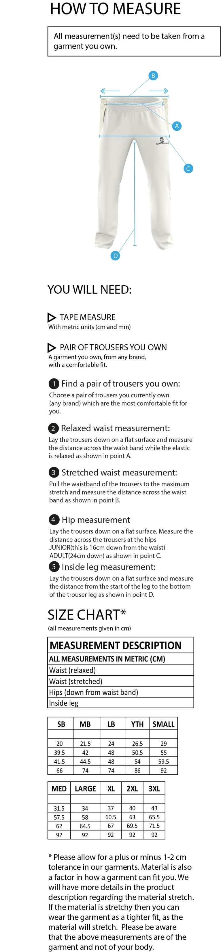 Dundrum Cricket Club - Standard Playing Pant - Size Guide