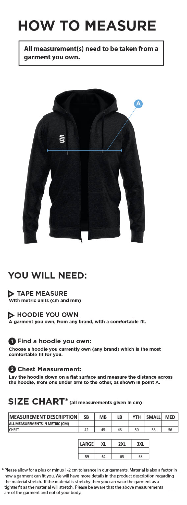 Dundrum Cricket Club - Full Zip Hoody - Size Guide