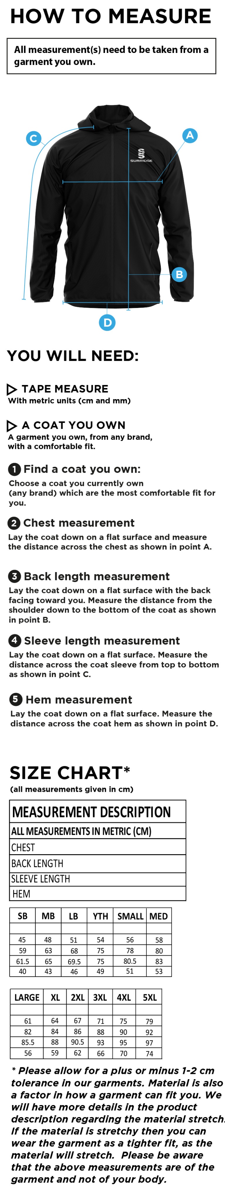 Dundrum Cricket Club - Training Jacket - Size Guide