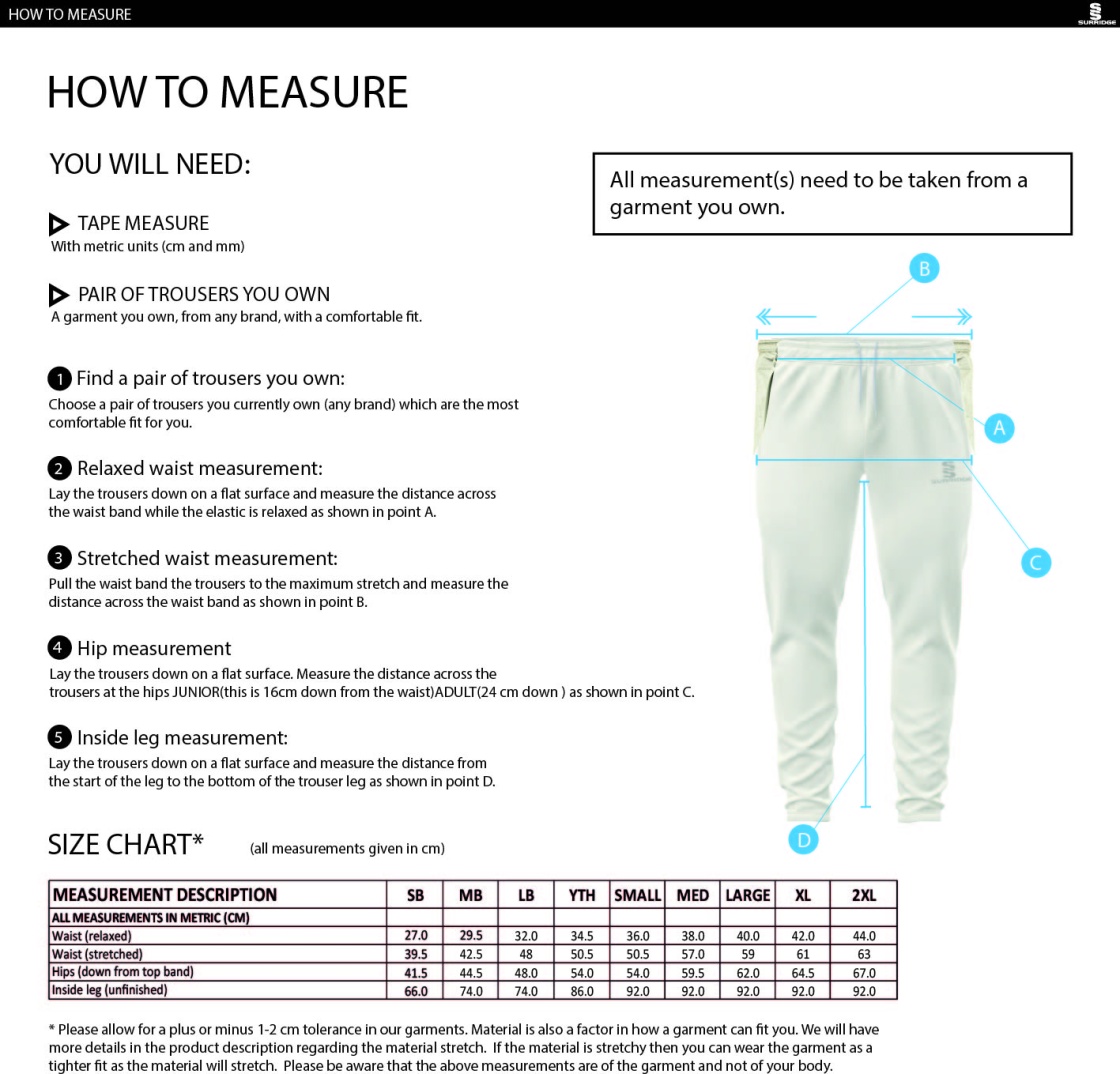 Dundrum Cricket Club - Playing Pants - Size Guide