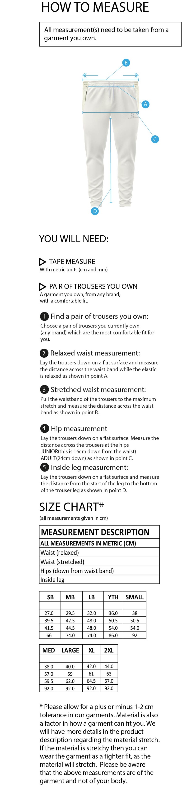 Dundrum Cricket Club - Playing Pants - Size Guide