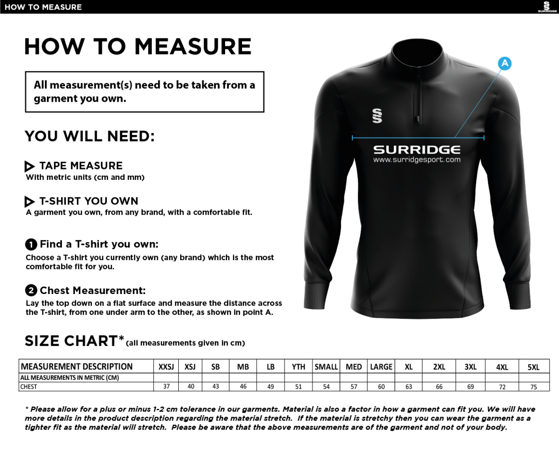 Dundrum Cricket Club - Performance Top - Size Guide