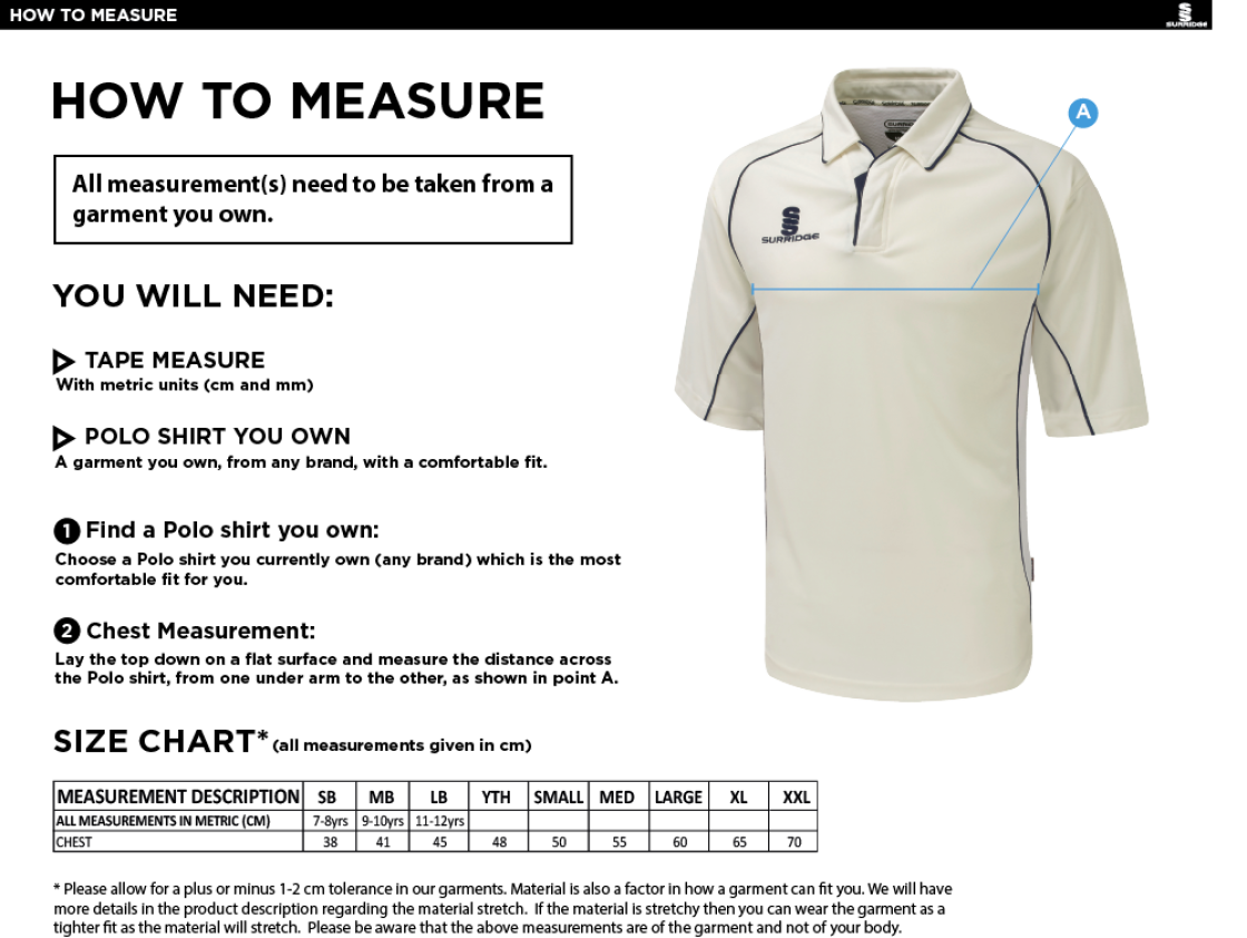 Dundrum Cricket Club - Premier 3/4 Sleeve Shirt - Size Guide