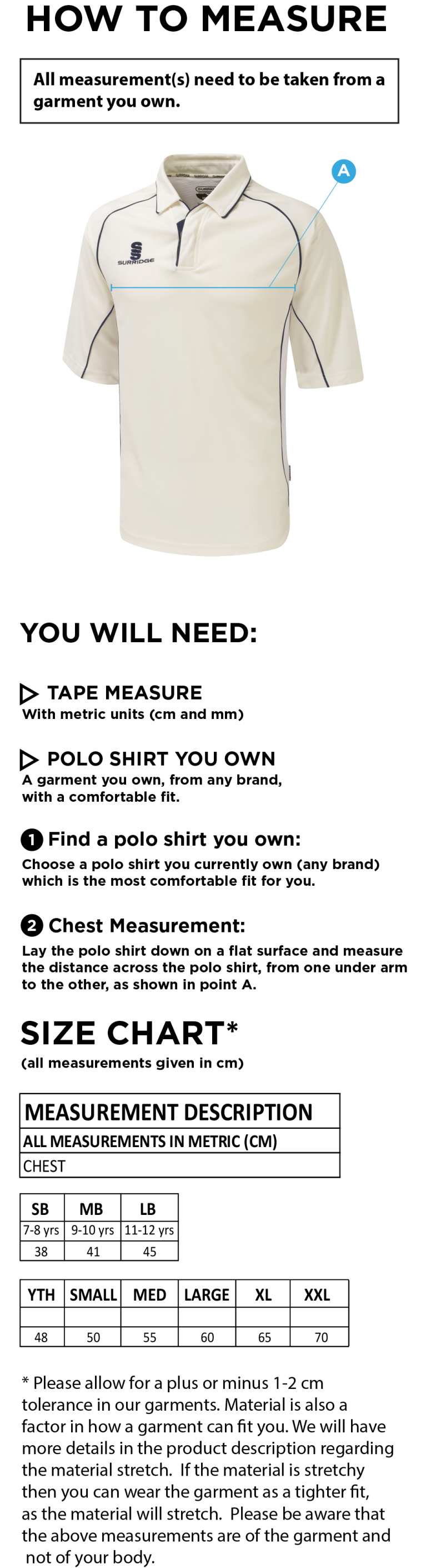 Dundrum Cricket Club - Premier 3/4 Sleeve Shirt - Size Guide