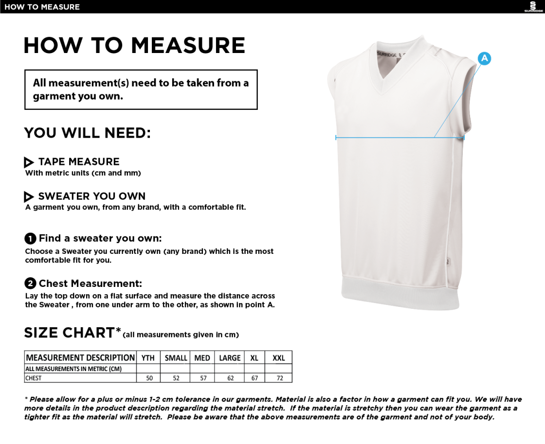 Dundrum Cricket Club - Sleeveless Sweater - Size Guide