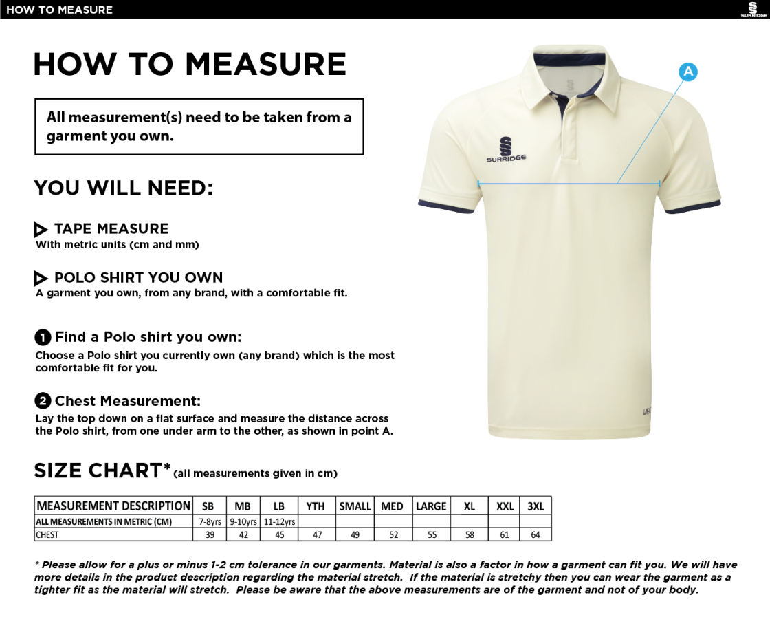Dundrum Cricket Club - Short Sleeve Cricket Shirt - Size Guide