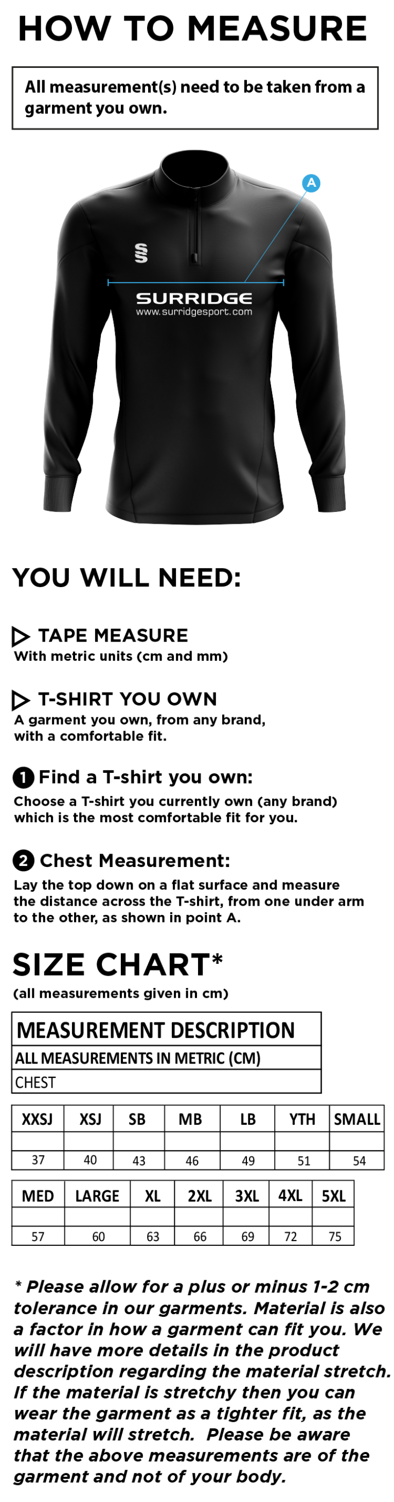 Dundrum Cricket Club - Performance Top - Size Guide