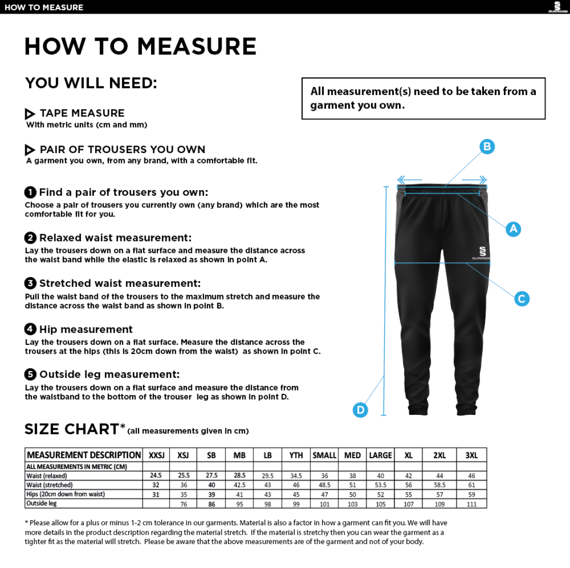Dundrum Cricket Club - Tek Slim Pants - Size Guide