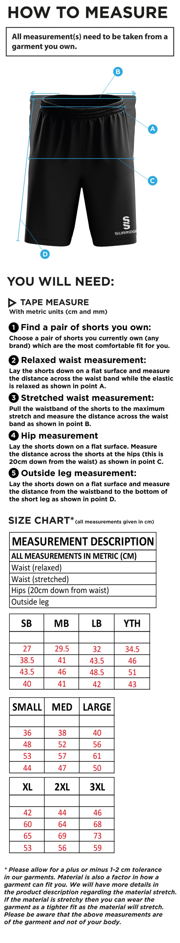 Dundrum Cricket Club - Blade Shorts - Size Guide