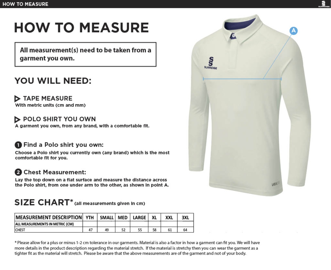 Dundrum Cricket Club - Long Sleeve Cricket Shirt - Size Guide