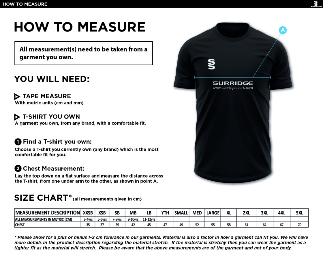 Dundrum Cricket Club - Games Shirt - Size Guide
