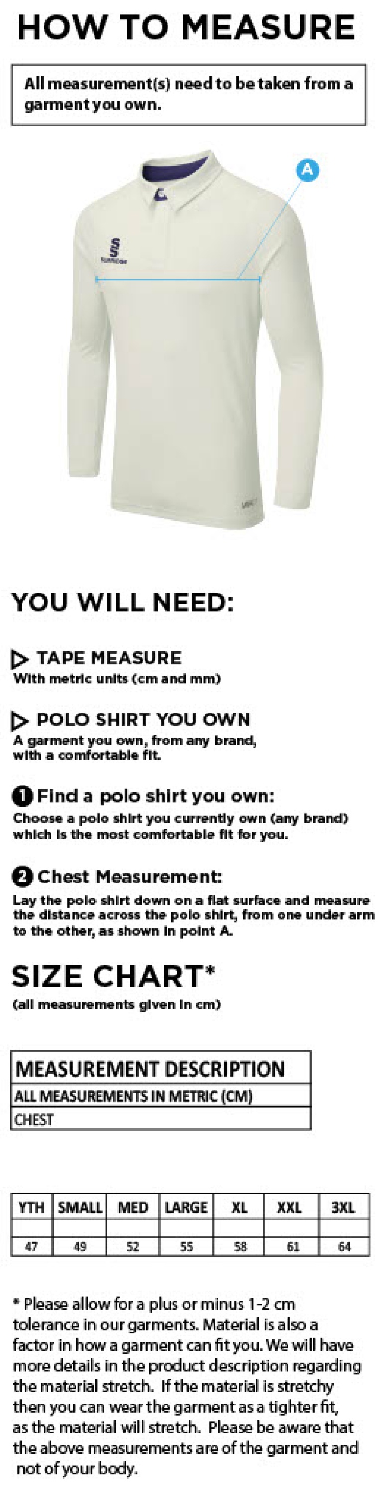 Dundrum Cricket Club - Long Sleeve Cricket Shirt - Size Guide