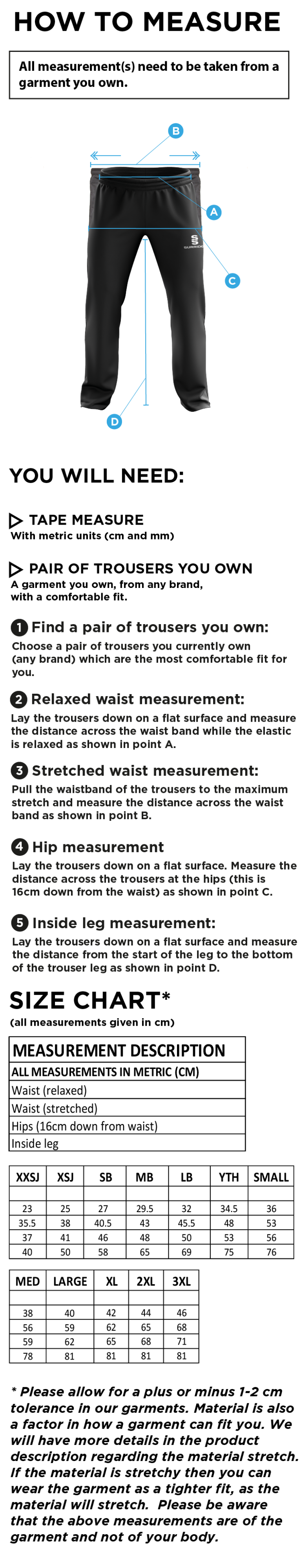 Dundrum Cricket Club - Track Pant - Size Guide
