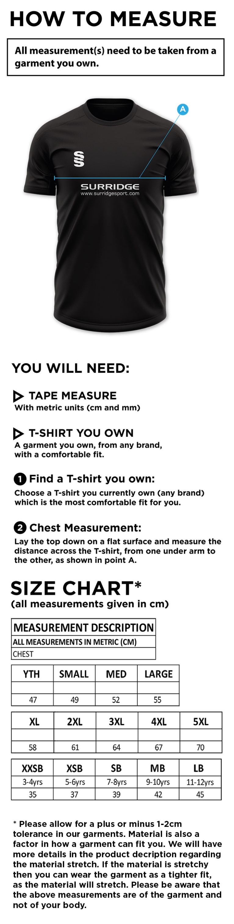 Dundrum Cricket Club - Games Shirt - Size Guide