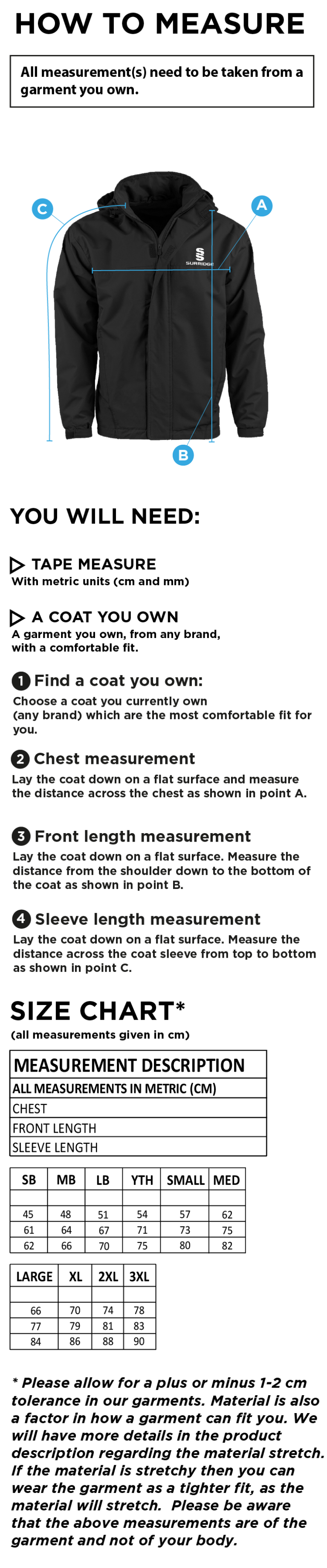 Dundrum Cricket Club - Fleece Lined Jacket - Size Guide