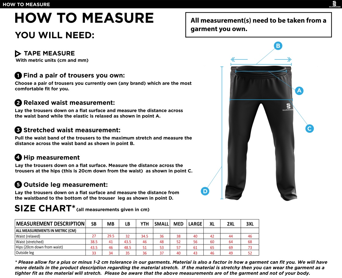 Dundrum Cricket Club - Ripstop Track Pant - Size Guide