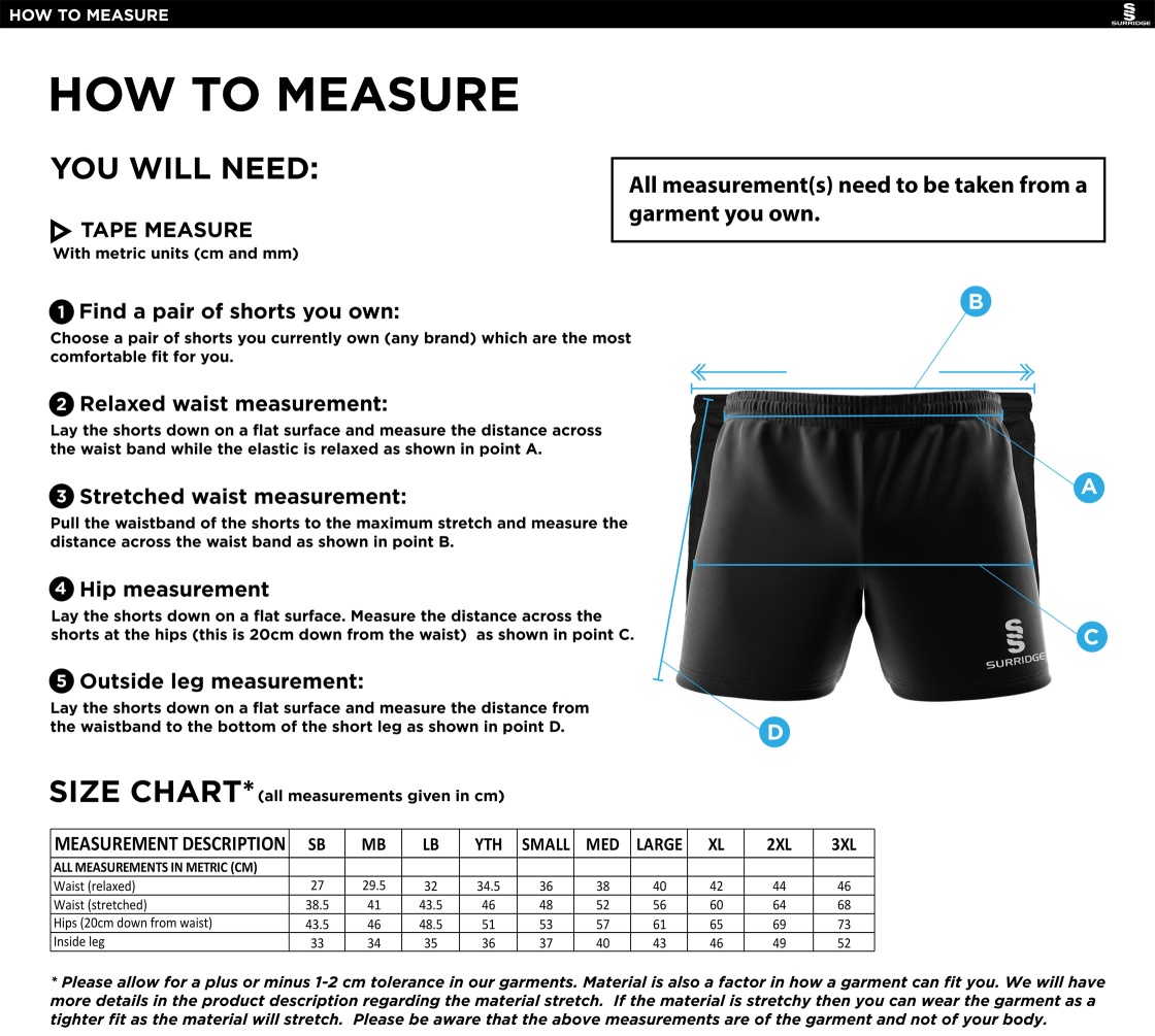 Dundrum Cricket Club - Dual Short - Size Guide