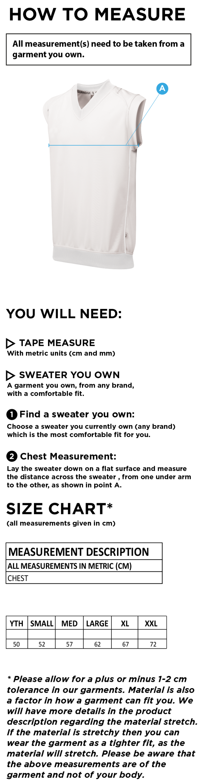 Dundrum Cricket Club - Sleeveless Sweater - Size Guide
