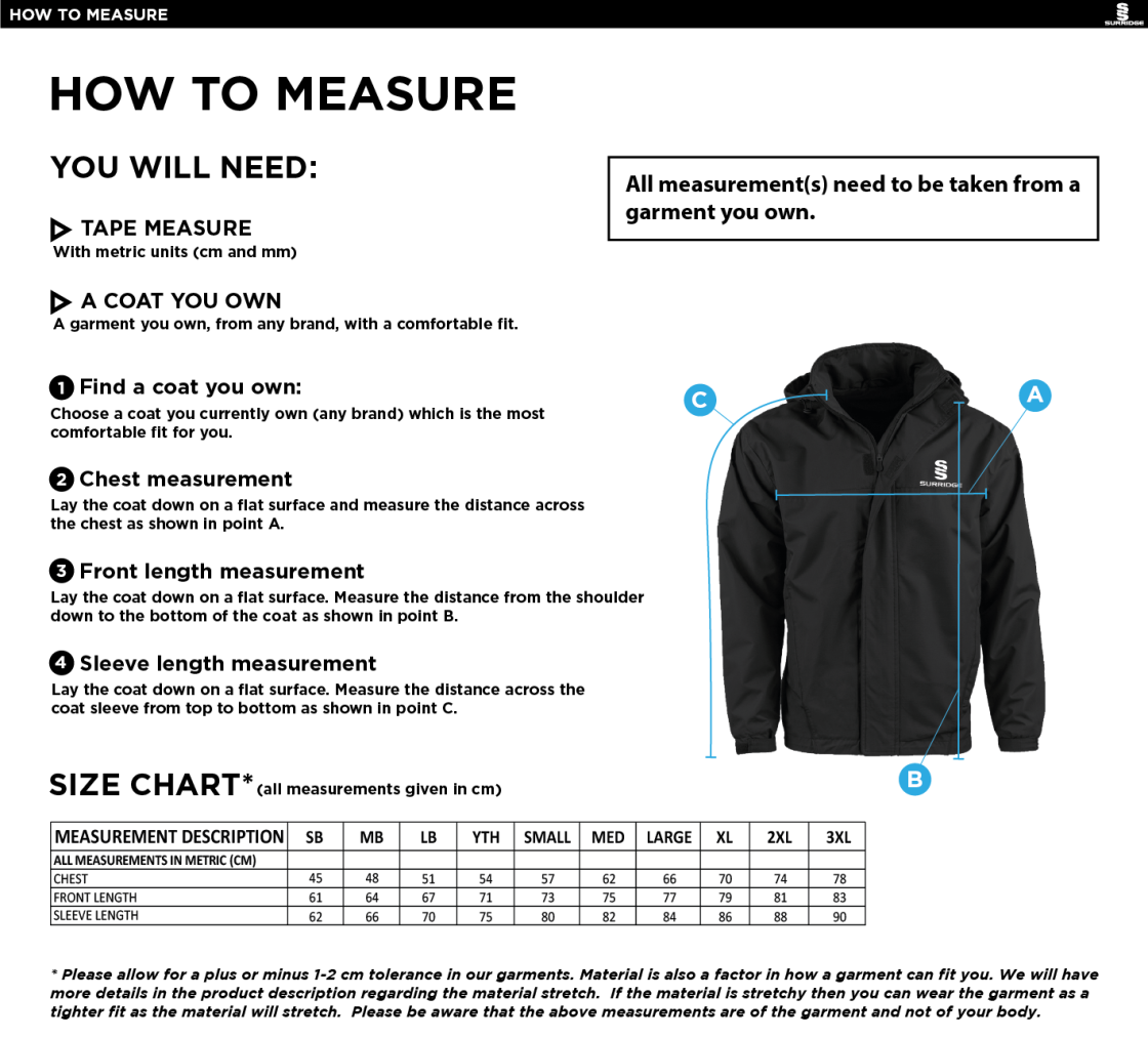 Dundrum Cricket Club - Fleece Lined Jacket - Size Guide