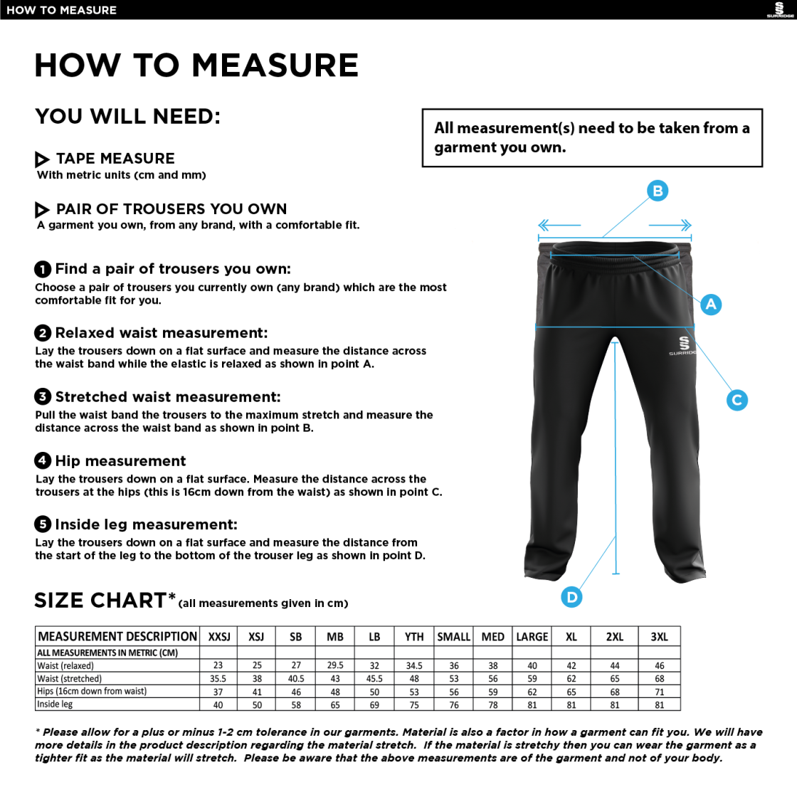 Dundrum Cricket Club - Track Pant - Size Guide